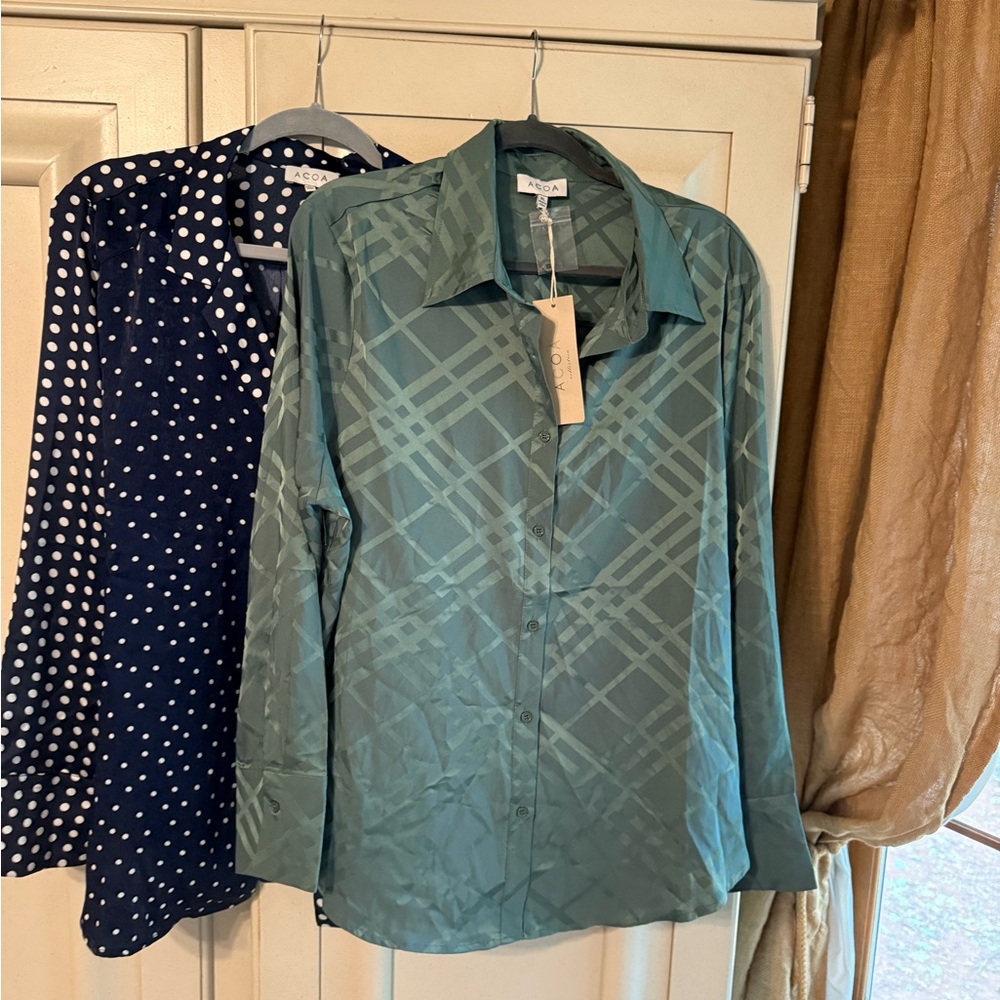 Green Plaid Button-Up Shirt and navy polka a dot shirt